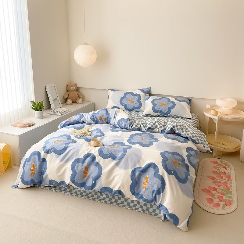 40S Pure Cotton Reversible 3 in 1 Bedding Sets Blue Flower