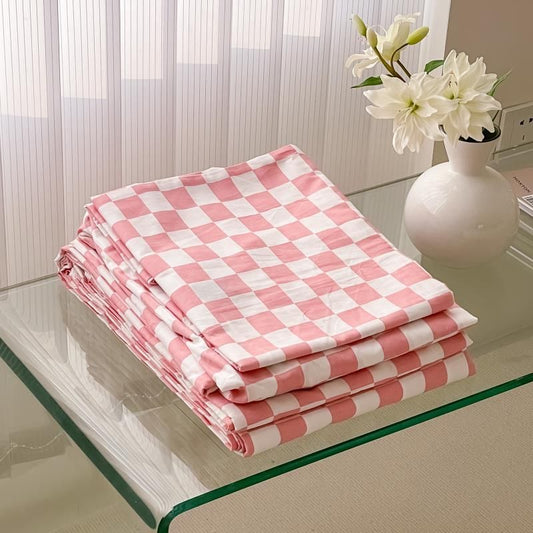 40s Pure Cotton Printed Cute Pillowcase Pair Bright Pink Plaid