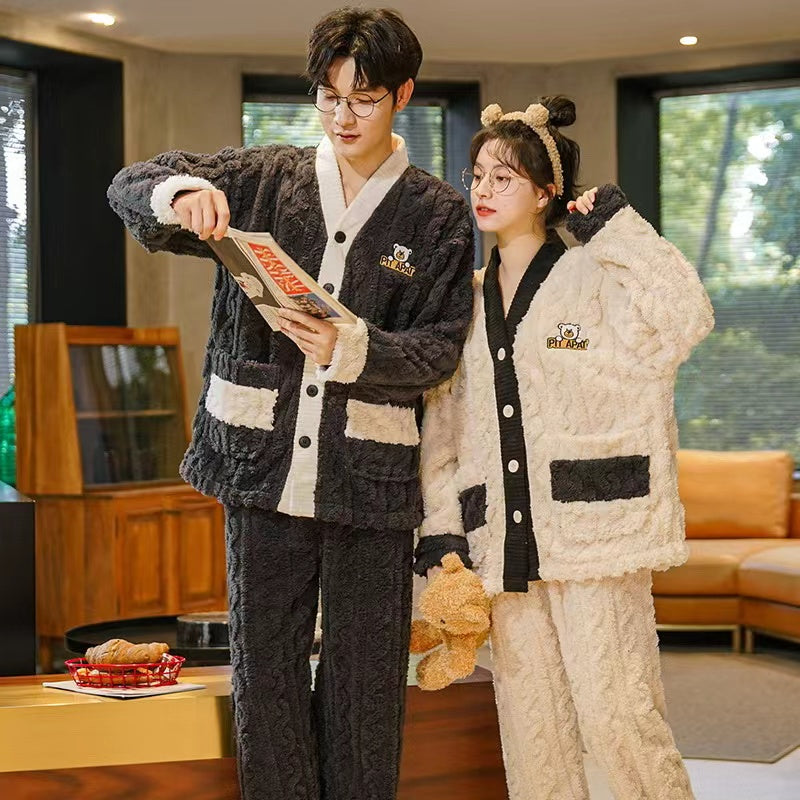 Coral Fleece Super Comfortable Homewear Set Couple Bear Black