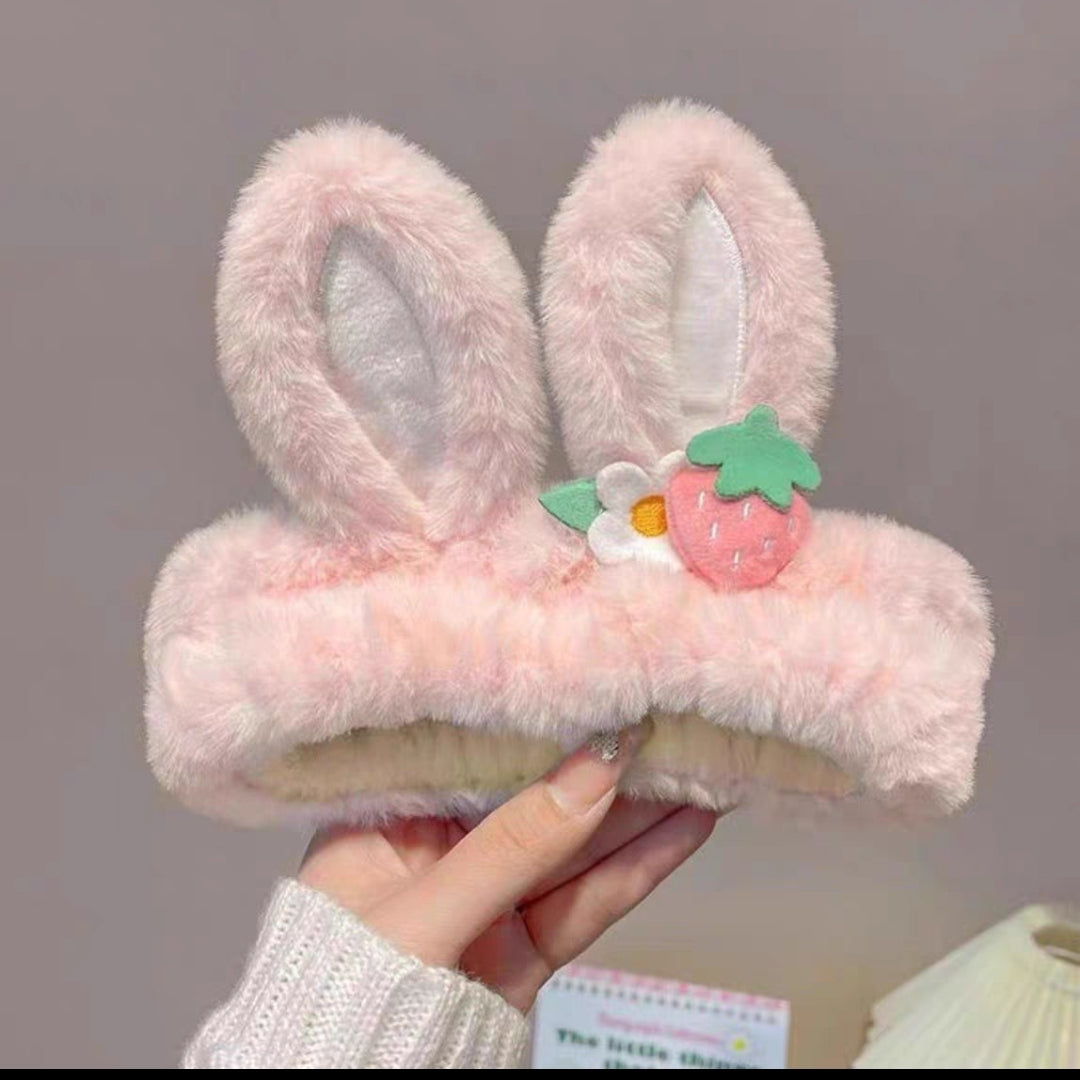 【Hairband】Pink Bunny Strawberry, Absorbent Hairband for Washing and Grooming