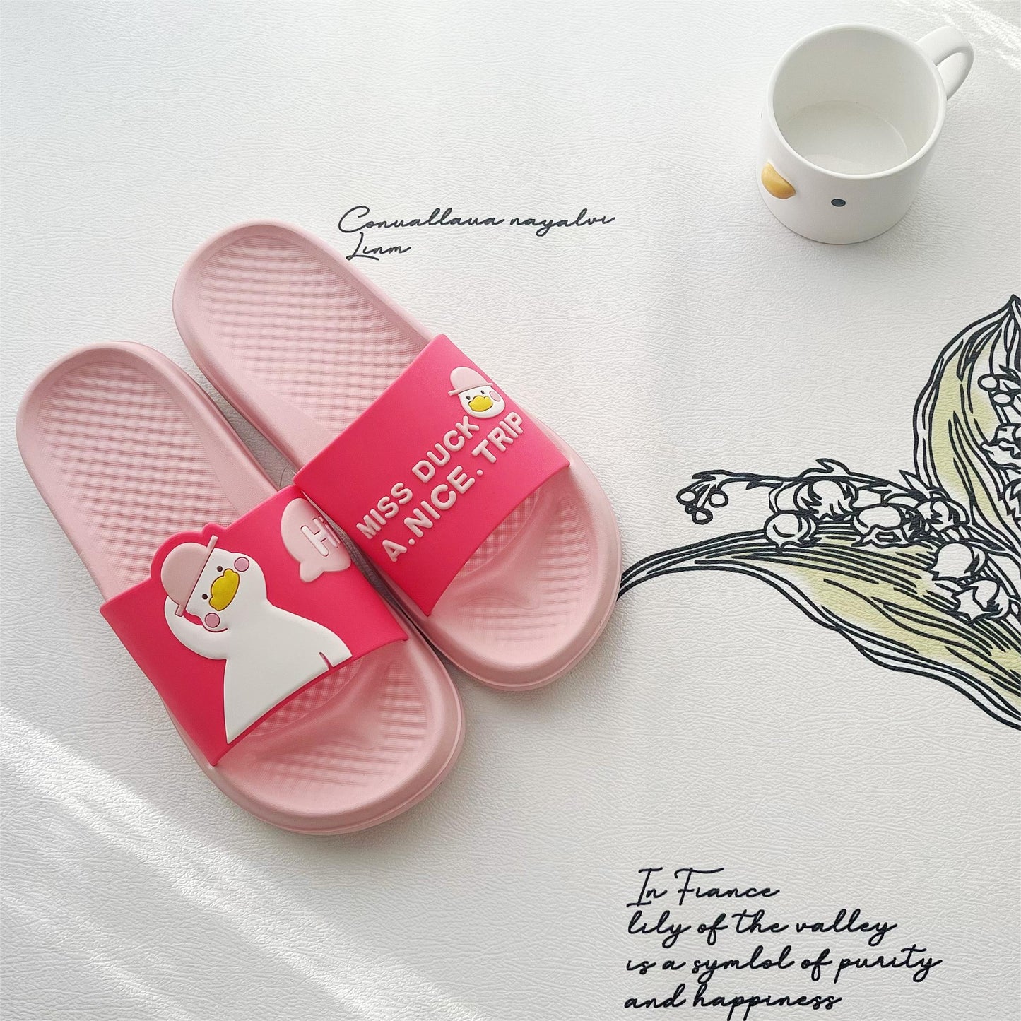 Waterproof Super Soft Slippers Duck Wearing a Hat Pink