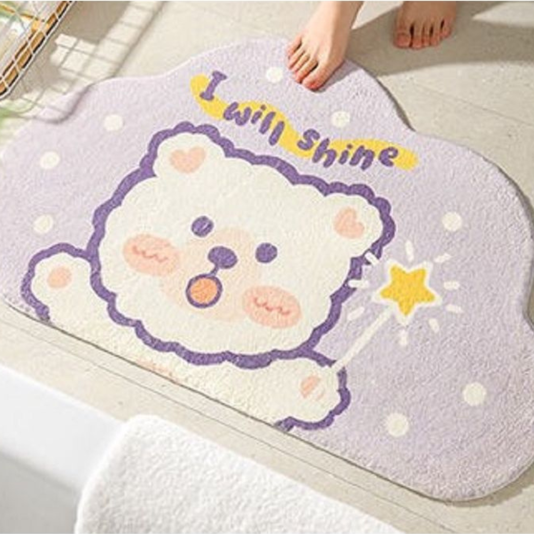 Faux Lambswool Bathroom Absorbent Non-slip Rug Purple Bear