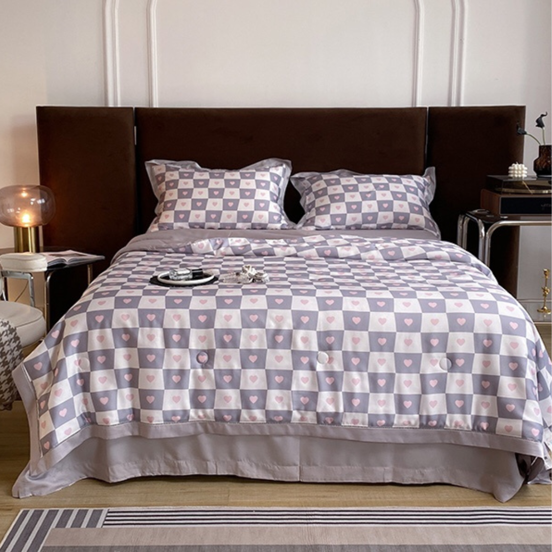 60s Lenzing Tencel Silk Summer Quilt Checkered Hearts