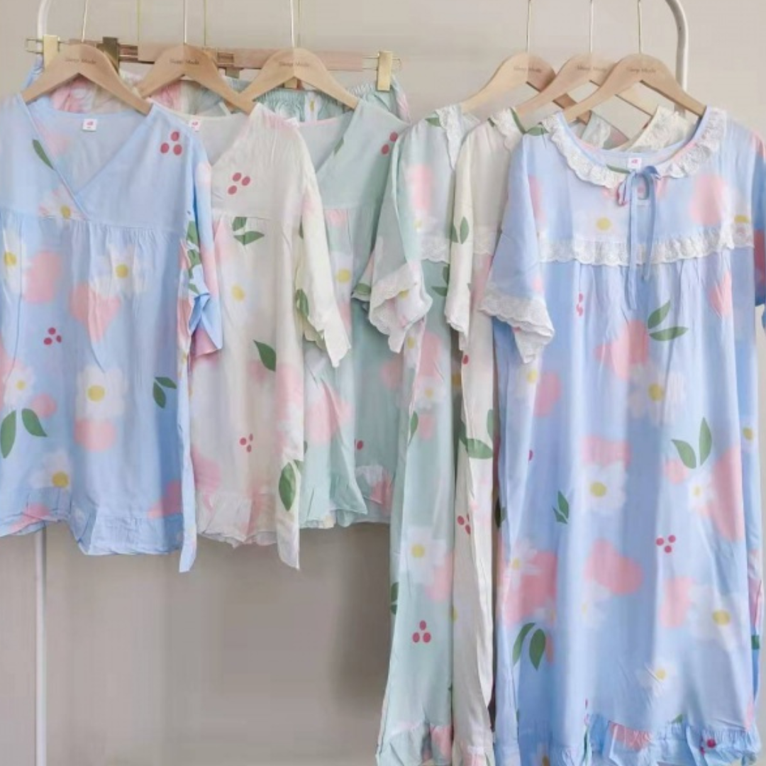 Thin Cotton Summer Short Sleeve Pajama Set Fresh and Comfortable - White