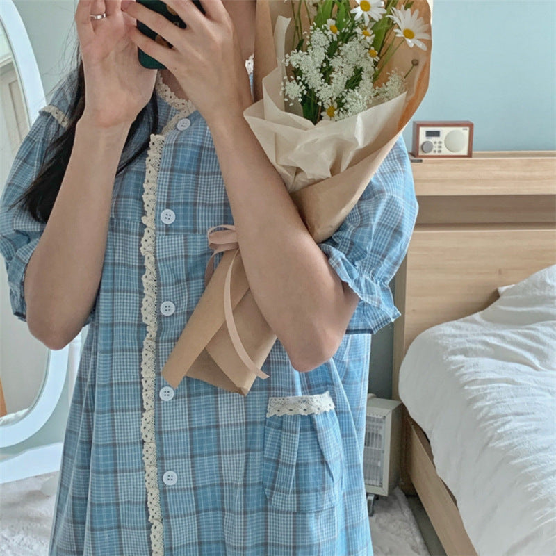 Cotton And Linen Plaid Couple Pajamas