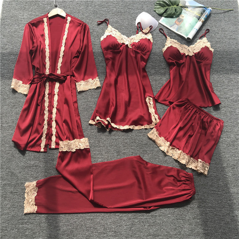 Five-Piece Lace Home Pajamas Set With Chest Pad