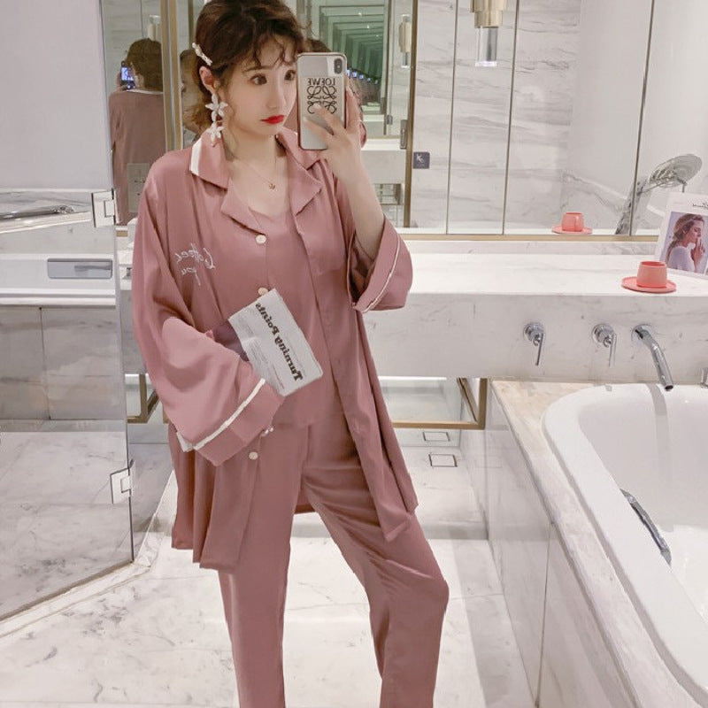 Simple Style Four Piece Ice Silk Pajamas