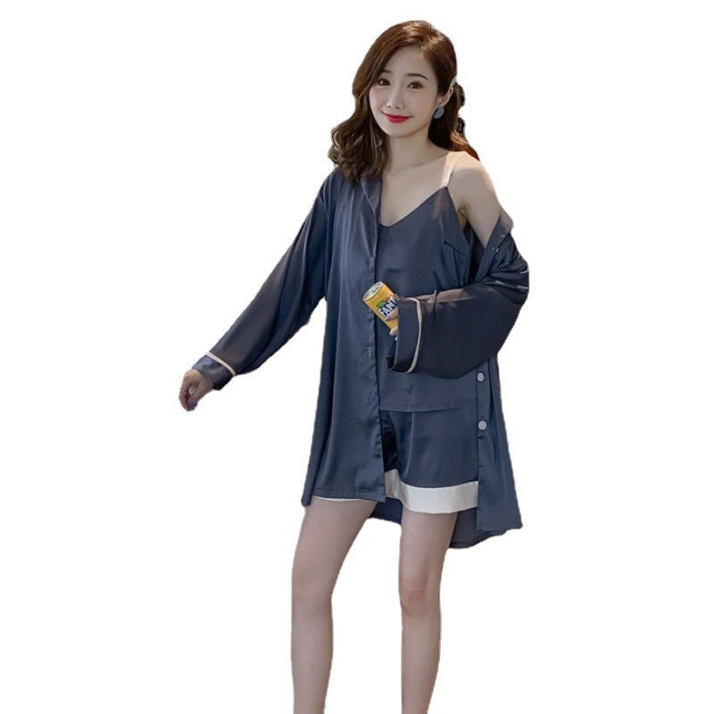 Simple Style Four Piece Ice Silk Pajamas