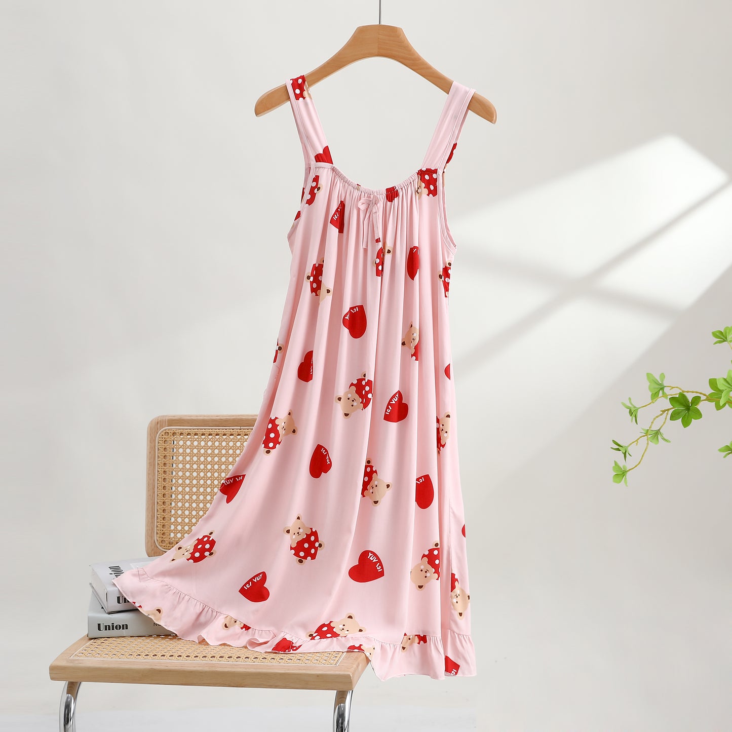 Viscose Summer Strap Nightgown-Pink Heart Bear
