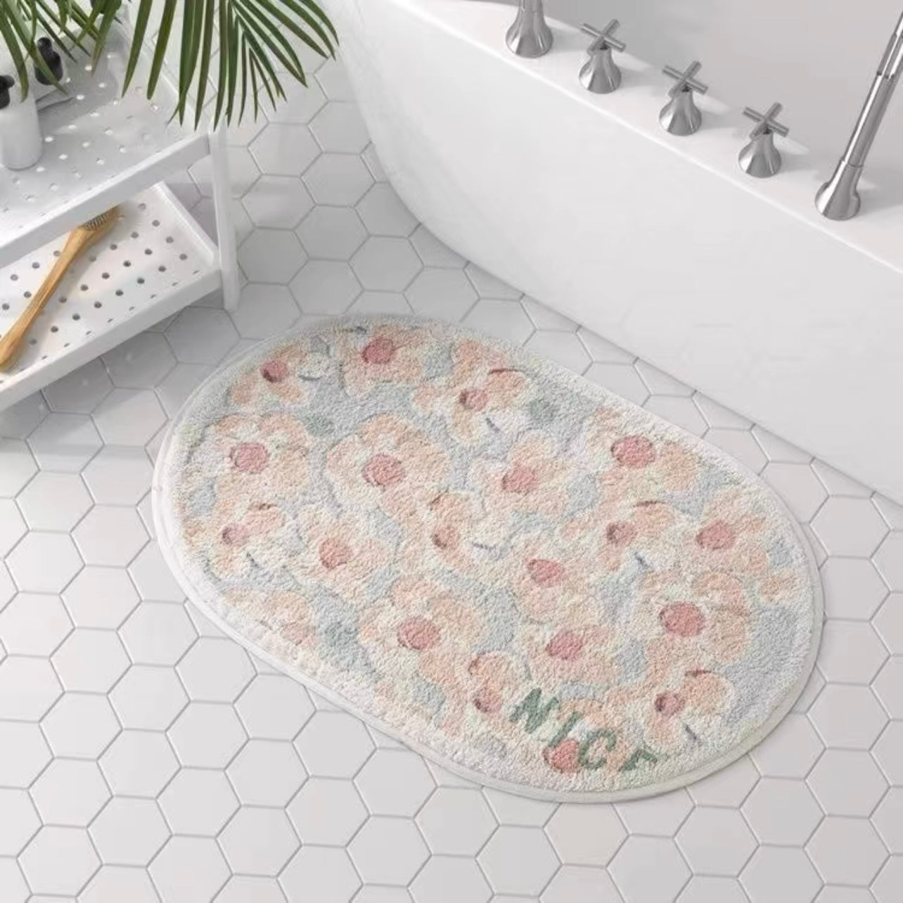 Faux Lambswool Bathroom Absorbent Nonslip Rug Purple Flower