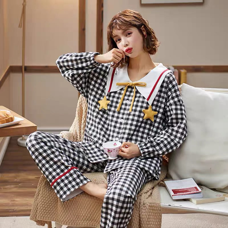 Women\'S Short Sleeve Cotton Pajamas Plaid