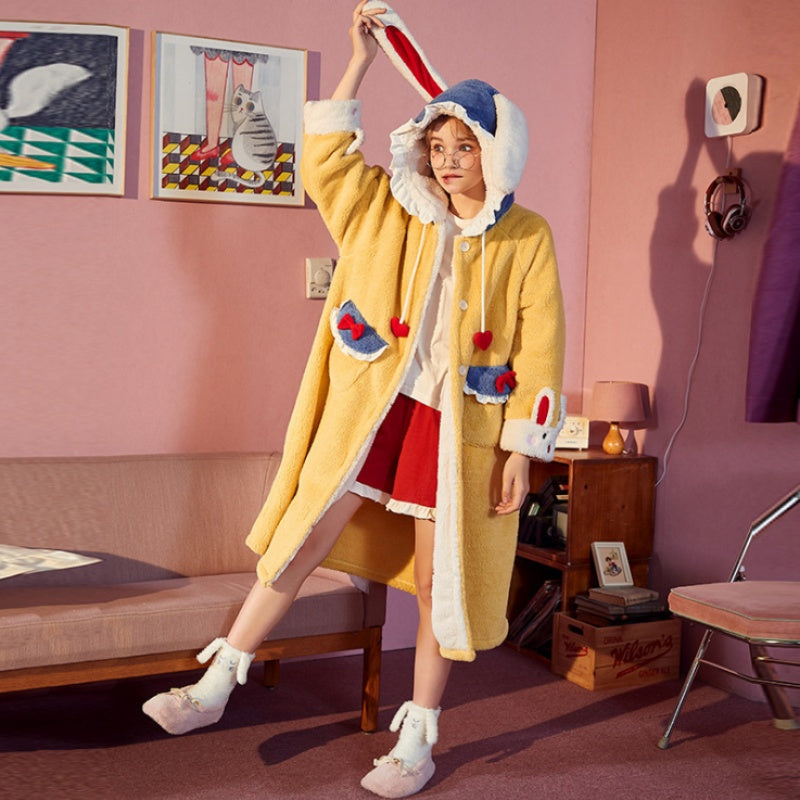 Winter Ultra Warmth Coral Fleece Gown Rabbit and Alice Yellow