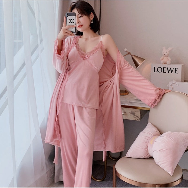 Winter Pajamas Lace Three Piece Set