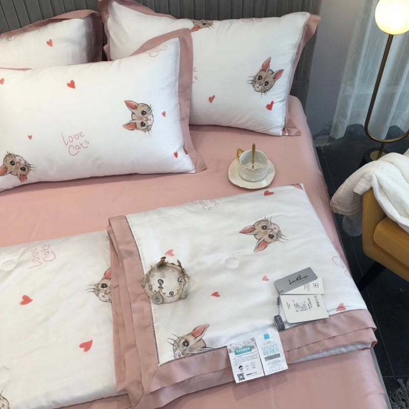 60s Lenzing Tencel Silk Summer Quilt 4 in 1 Bedding Sets Love Cat