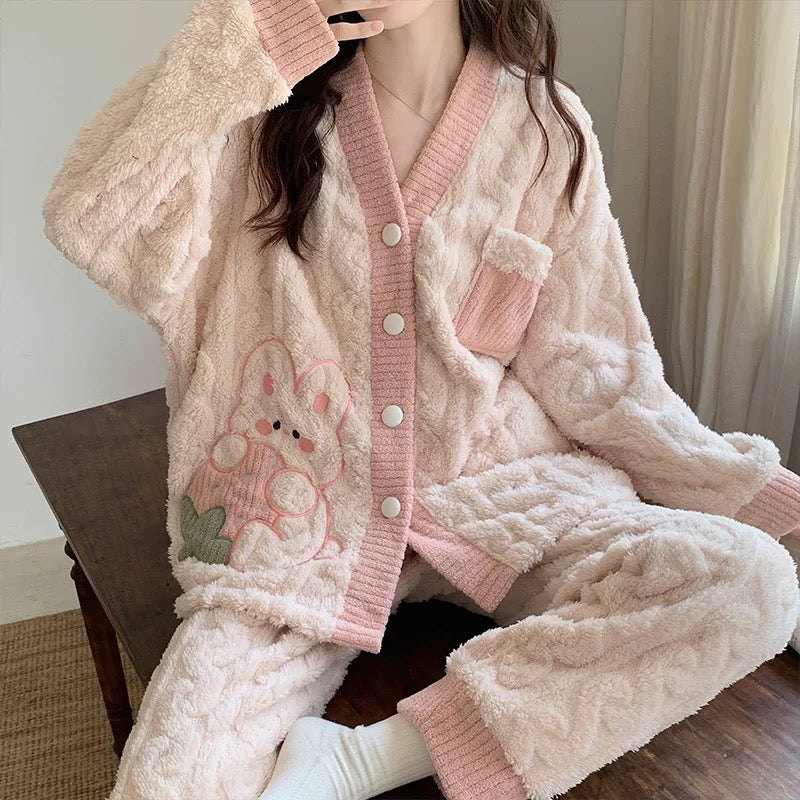 Coral Fleece Super Comfy Homewear Set Strawberry Bunny