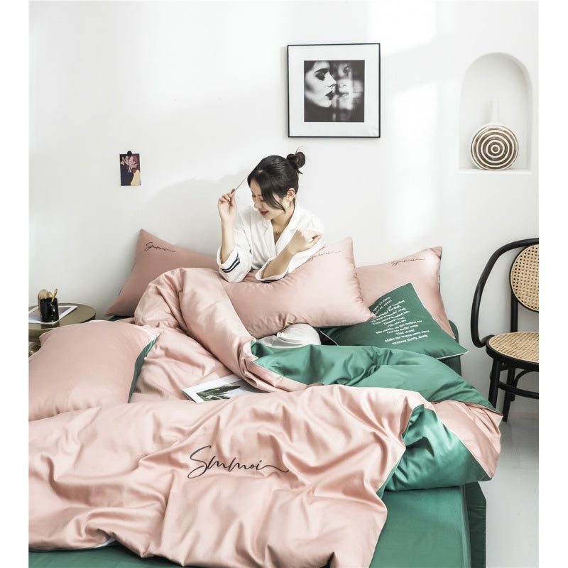 60s long staple cotton double solid color with broidery-pinky green