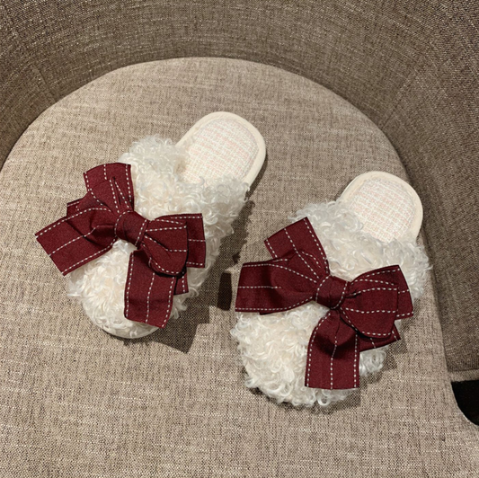 Four Seasons Comfortable Linen Slippers Bow Red