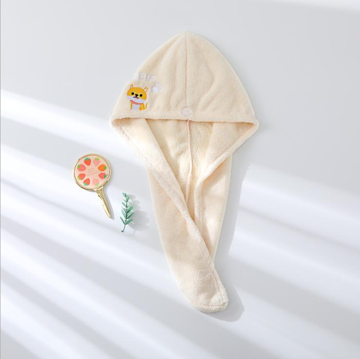 Absorbent Coral Velvet Embroidered Hair Drying Cap Corgi Beige
