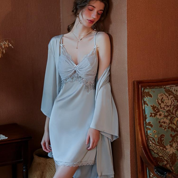 Ice Silk French Lace Trimmed Camisole Robe Set