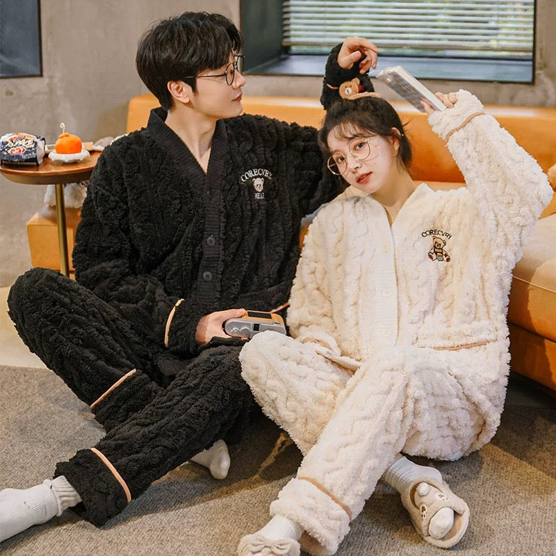 Coral Fleece Super Comfortable Homewear Set Couple Pure White Bear