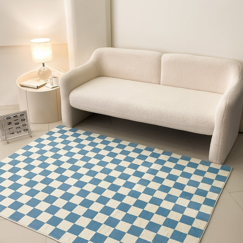 Faux Lambswool Modern Living Room Rug Plaid Blue