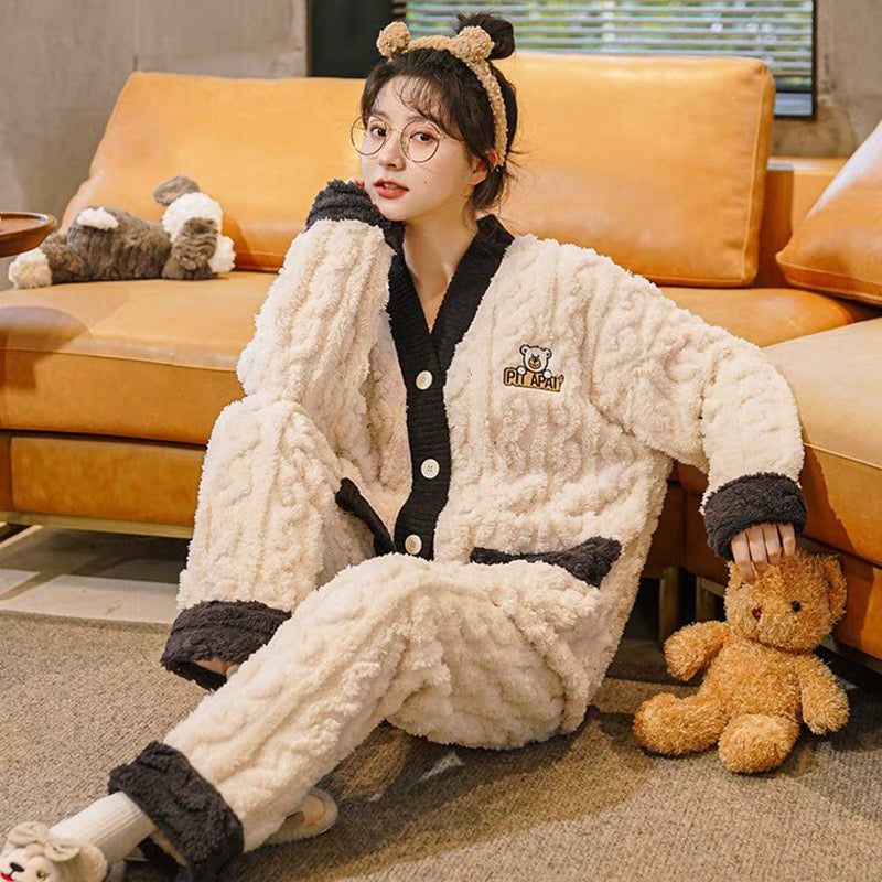 Coral Fleece Super Comfortable Homewear Set Couple Bear White