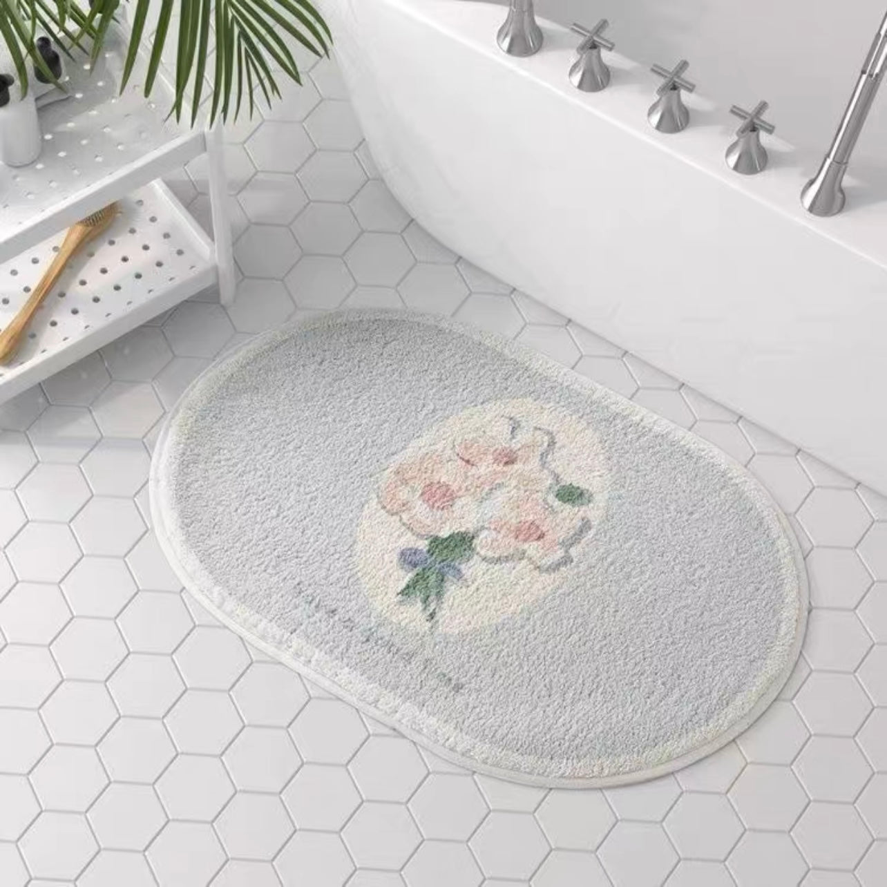 Faux Lambswool Bathroom Absorbent Non-Slip Rug Central Flower
