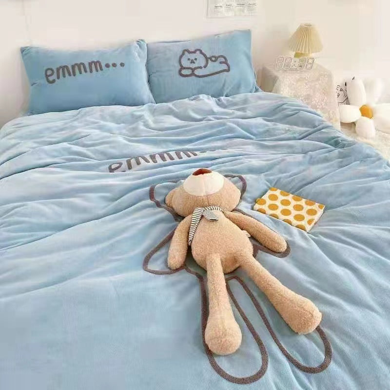 High GSM Milk Velvet Quilt Cover Set in 3 Blue Bear Complimentary Cushion