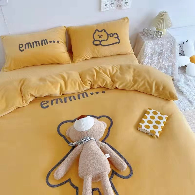 High GSM Milk Velvet Set in 4 Cute Bear Yellow Complimentary Matching Cushion
