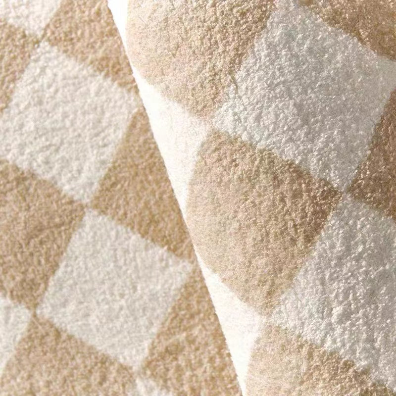 Faux Lambswool Modern Living Room Rug Cream Checkered