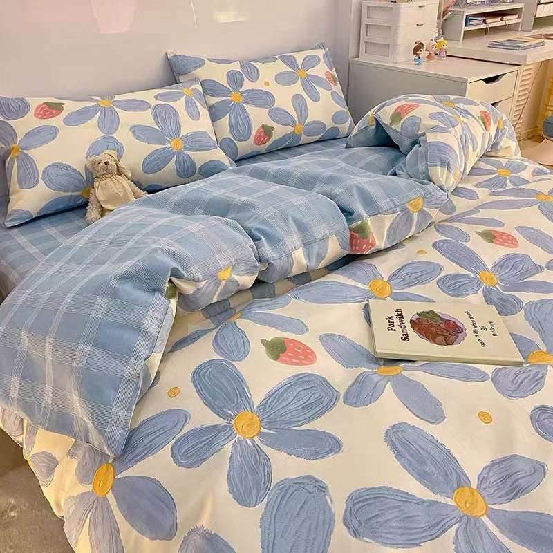 40S Pure Cotton Reversible Blue Bloom Sanctuary 4-Piece Bedding Set