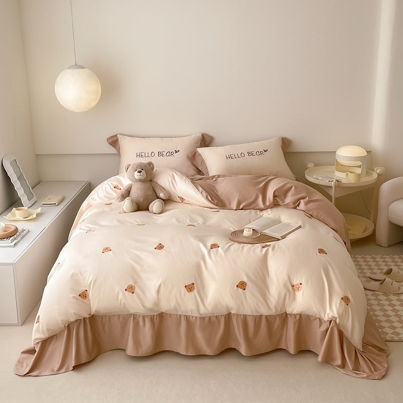 60s Cute Bear Khaki Tencel Summer Four-Piece Set