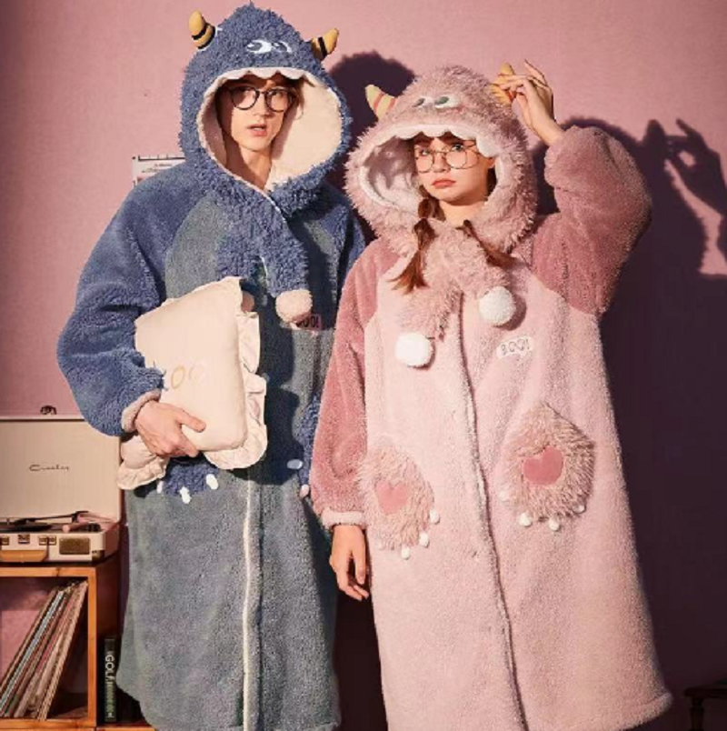 Winter Ultra Warmth Coral Fleece Gown Cute Monster Berry Pink
