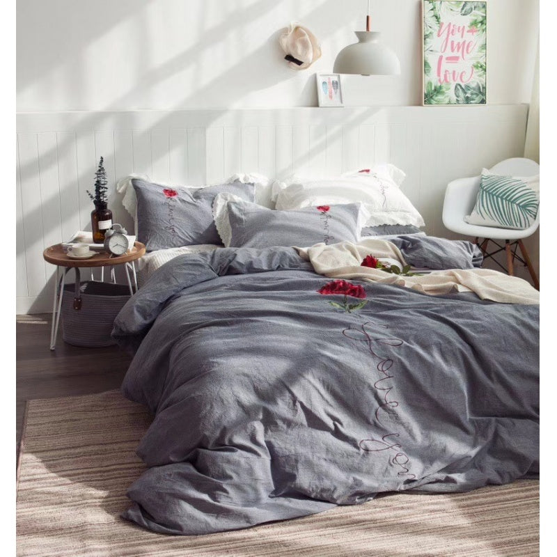Water-washed Cotton Embroidered Bedding Set in 4 Rose Grey