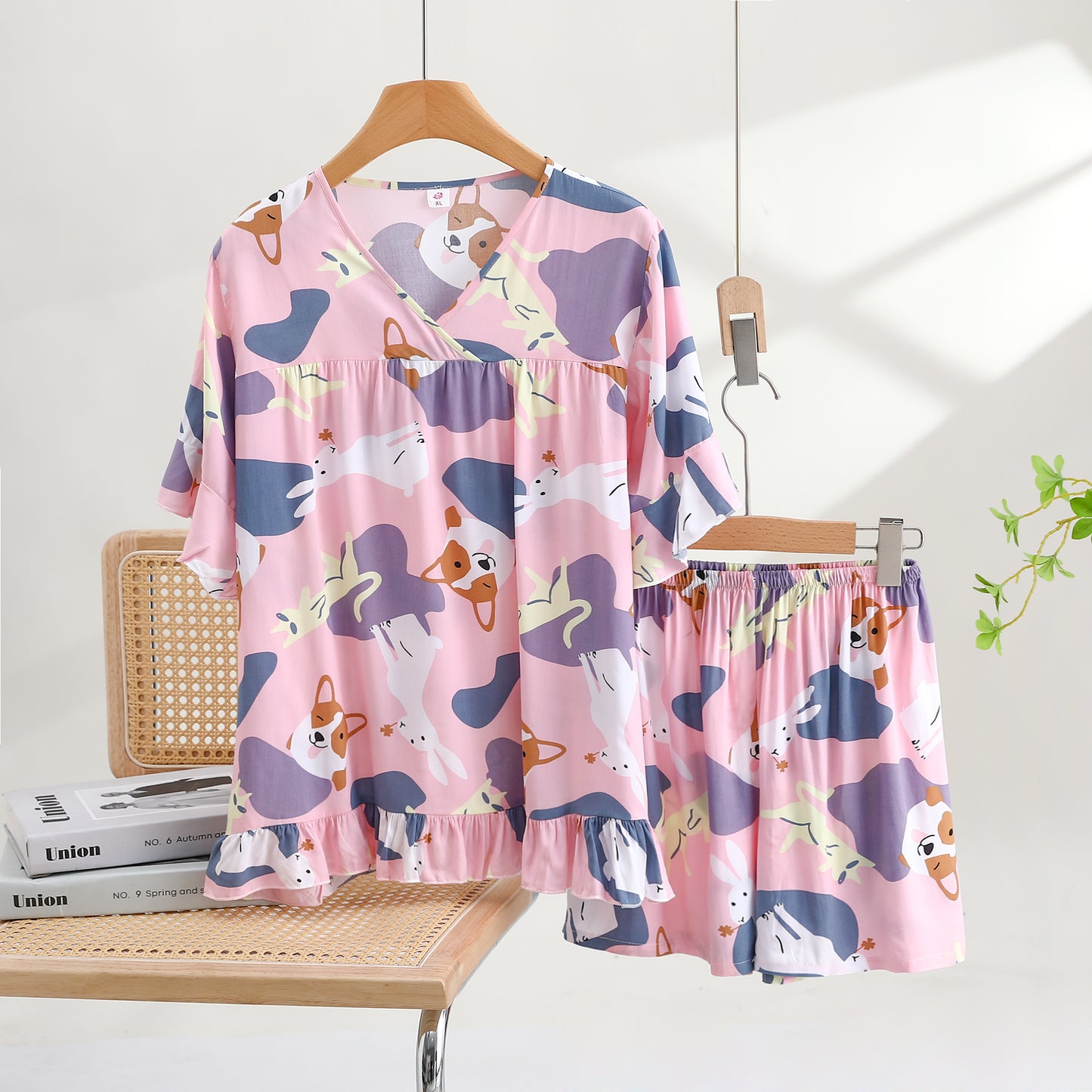 Thin Cotton Summer Short Sleeve Pajama Set - Corgi-Pink