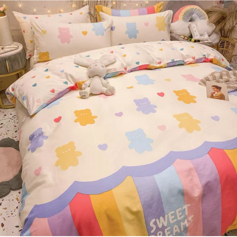 40s Pure Cotton Fitted Sheet 3 in 1 Bedding Sets Rainbow Bear