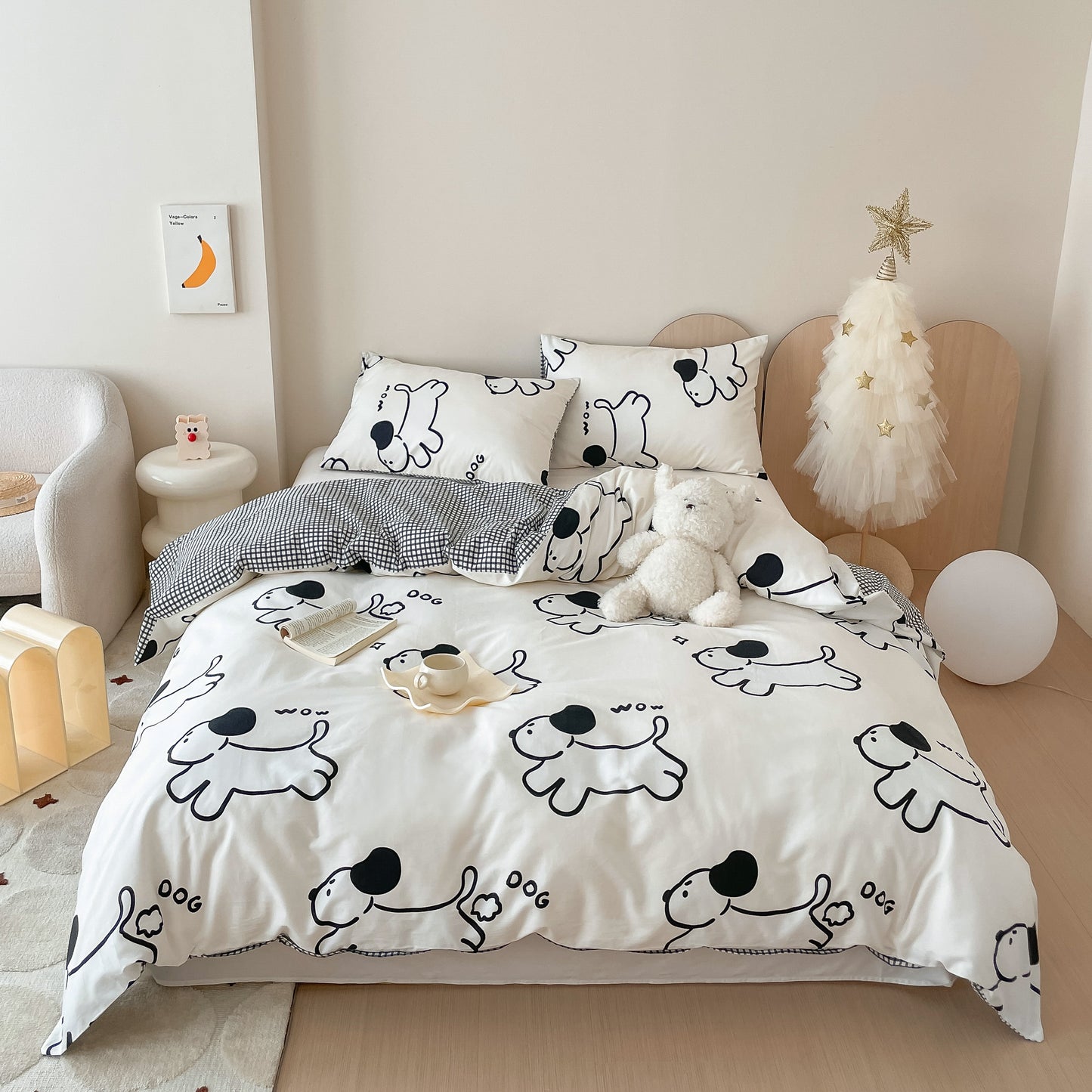 40S Pure Cotton Reversible 3 in 1 Bedding Sets Line Art Puppy