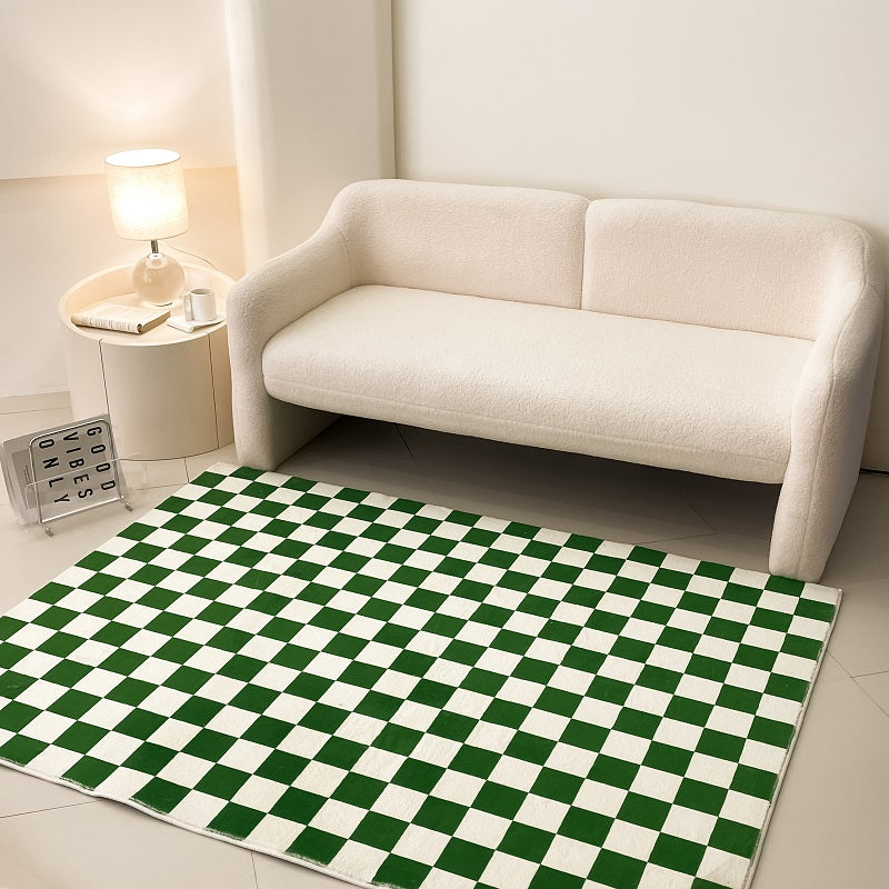 Faux Lambswool Modern Living Room Rug Plaid Green