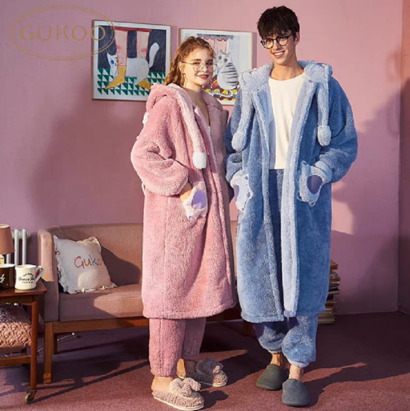 Winter Ultra Warmth Coral Fleece Gown Set Stitch Blue