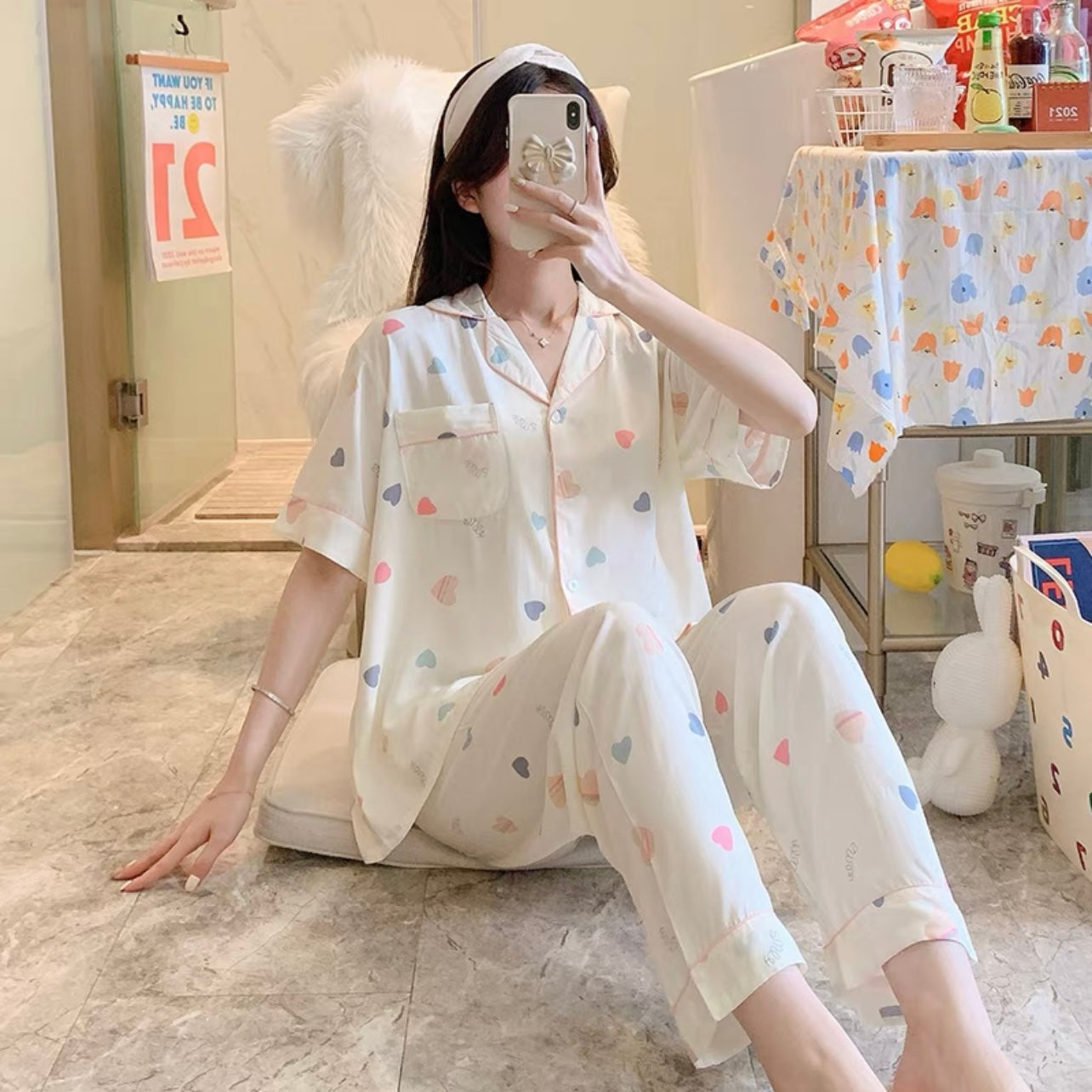 Thin Cotton Summer Short Sleeve Pajama Set - Heart