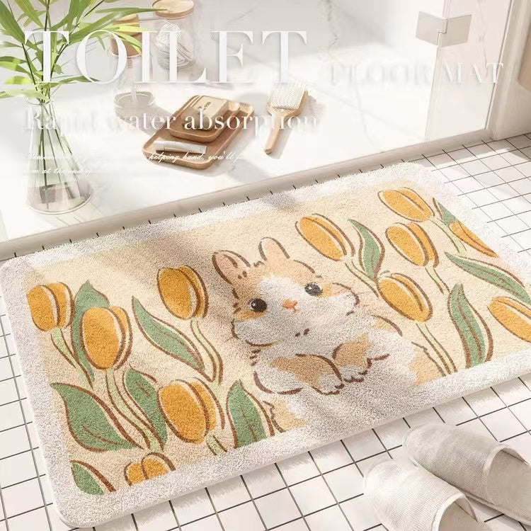 Faux Lambswool Bathroom Absorbent Non-slip Rug Yellow Floral Bunny