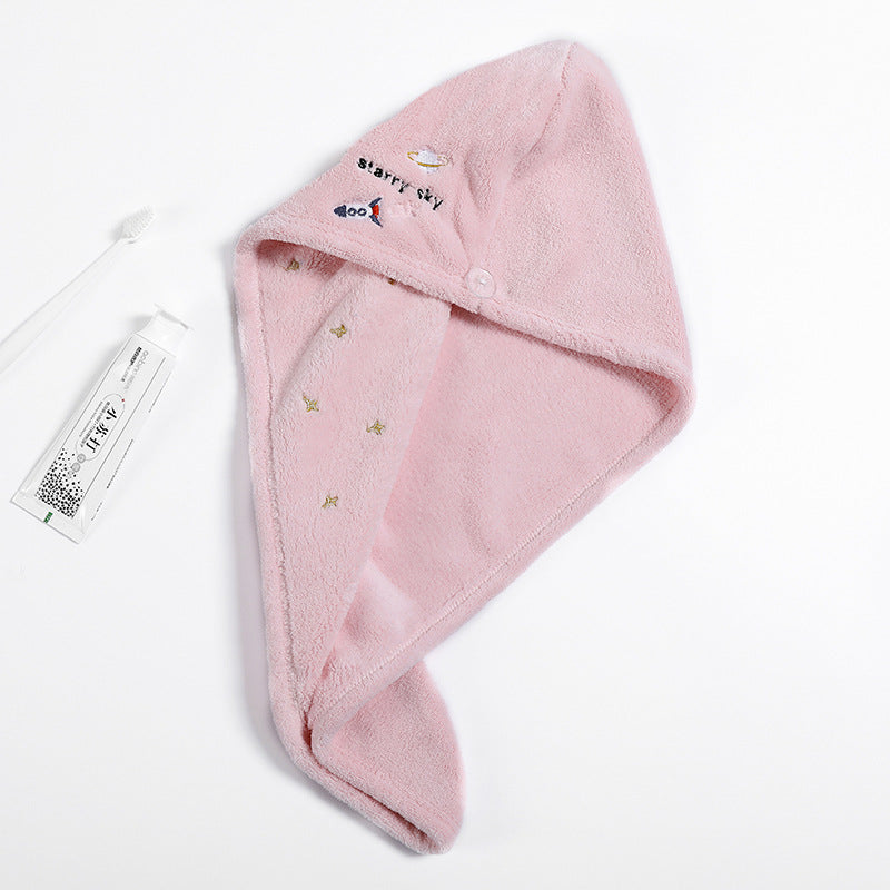 Absorbent Coral Velvet Embroidered Hair Drying Cap Space Pink