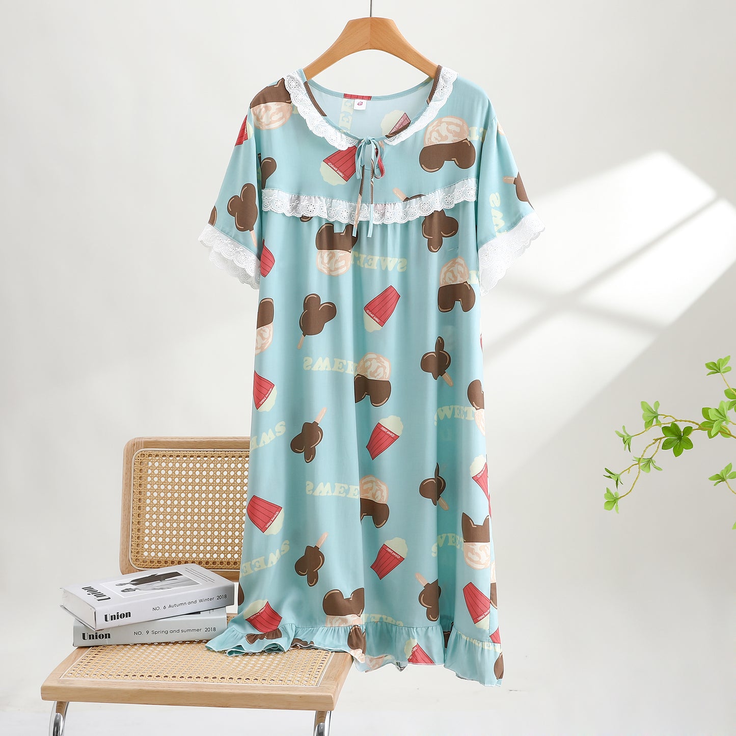 Thin Cotton Summer Nightgown Mickey-Green