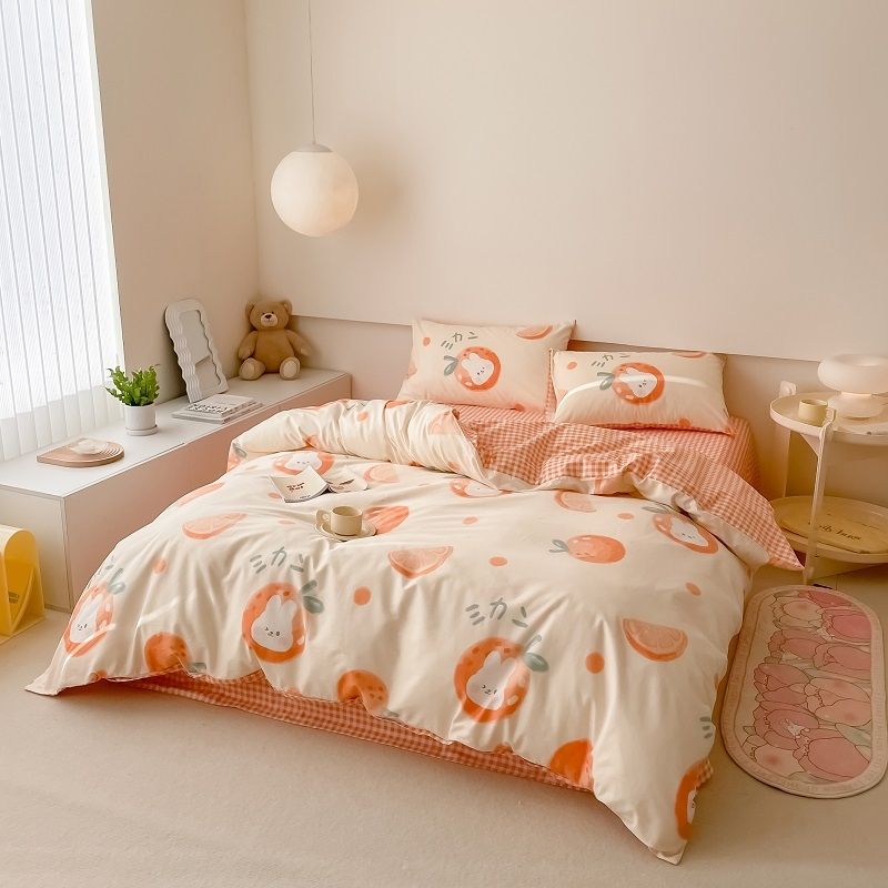 40S Pure Cotton Reversible 3 in 1 Bedding Sets Orange Rabbit