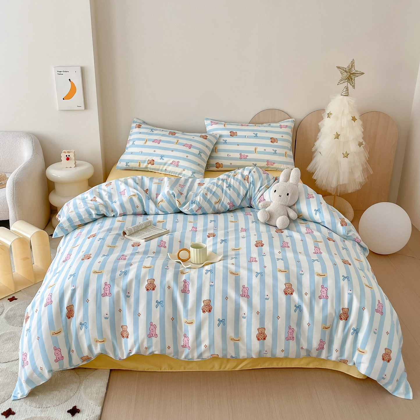 40S Pure Cotton Reversible 4 in 1 Bedding Sets Striped Teddy Bear