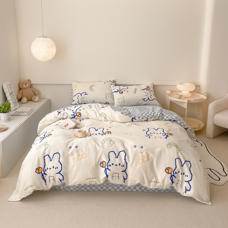 40S Pure Cotton Reversible Blue Line Rabbit- 4 in 1 bedding sets