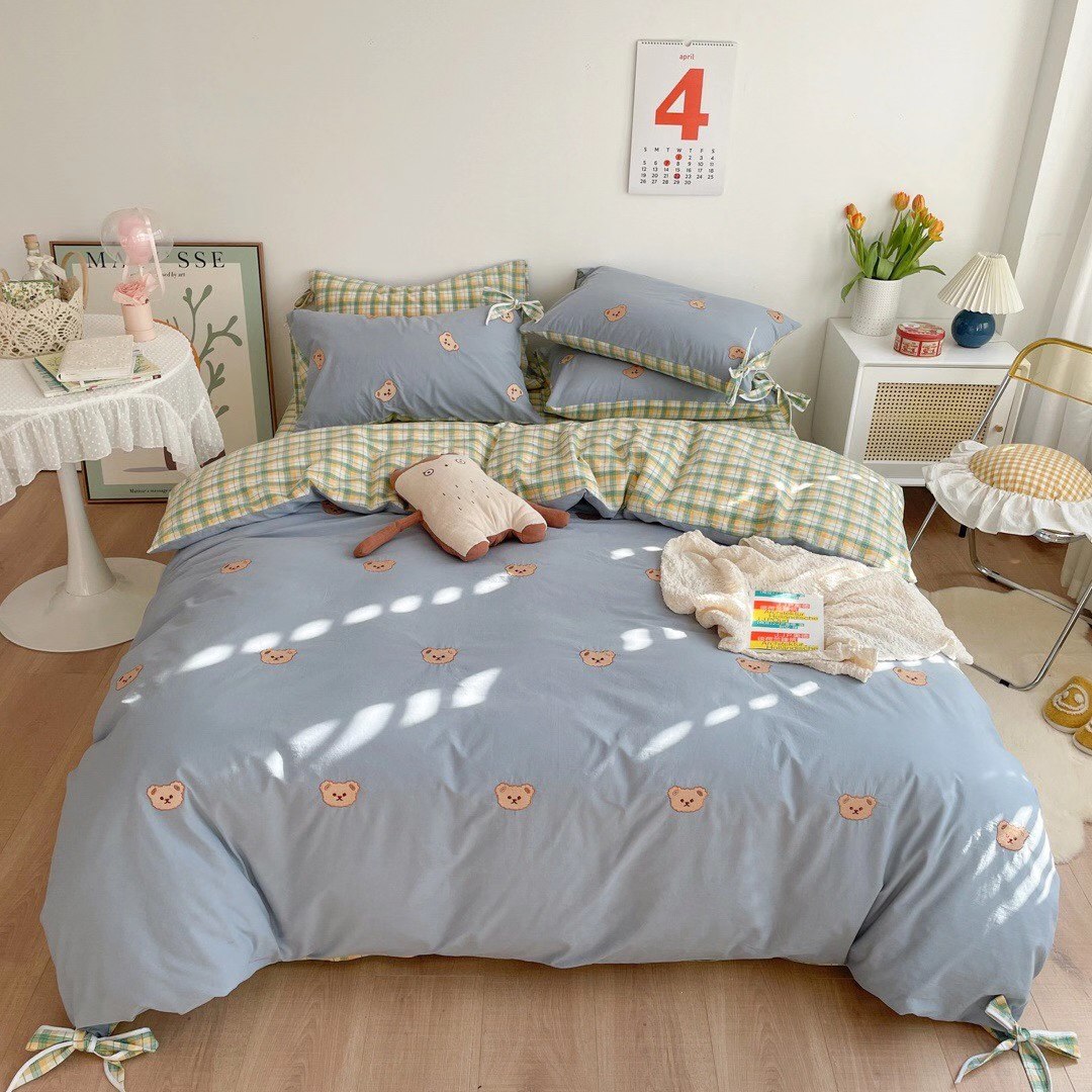 Water-washed Cotton Embroidered 4 in 1 Bedding Sets Bowknot Plaid Bear