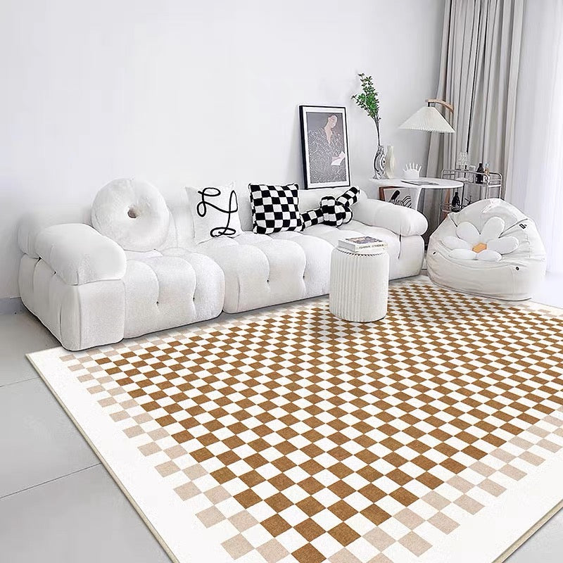 Faux Lambswool Modern Living Room Rug Light Brown Checkered