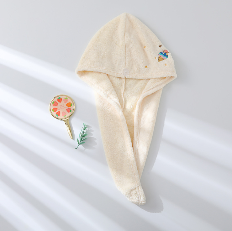 Absorbent Coral Velvet Embroidered Hair Drying Cap Ice Cream Beige
