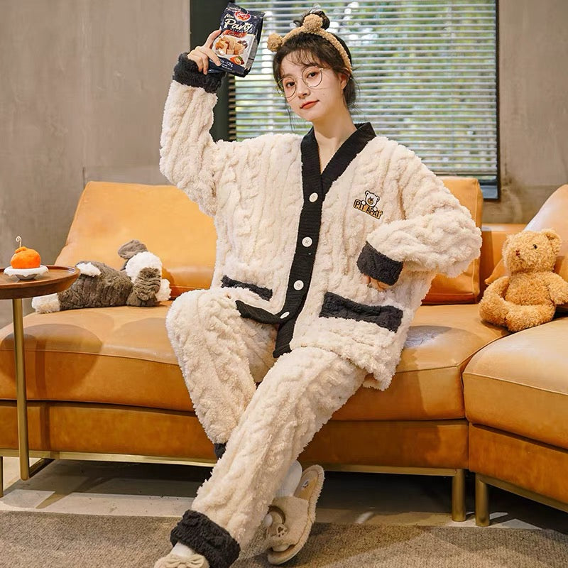 Coral Fleece Super Comfortable Homewear Set Couple Bear White